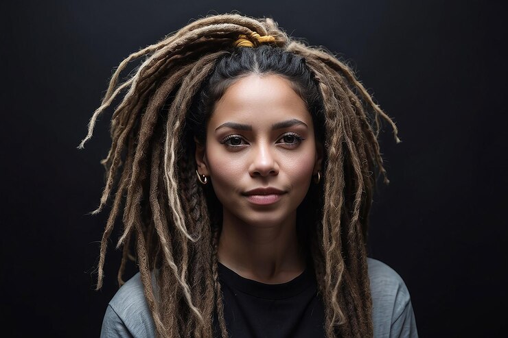 Foto uma mulher com dreadlocks e dreadlock é mostrada na frente de um fundo preto