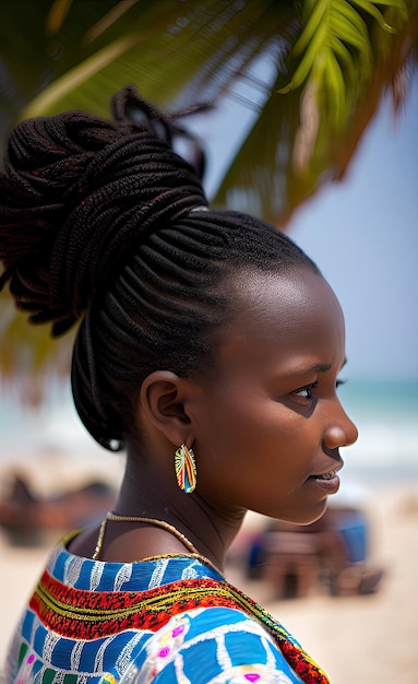 Uma mulher com dreadlocks e um colar amarelo na praia no Quênia.