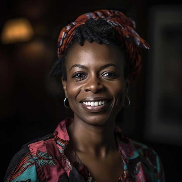 Uma mulher com dreadlocks e um lenço vermelho está sorrindo.