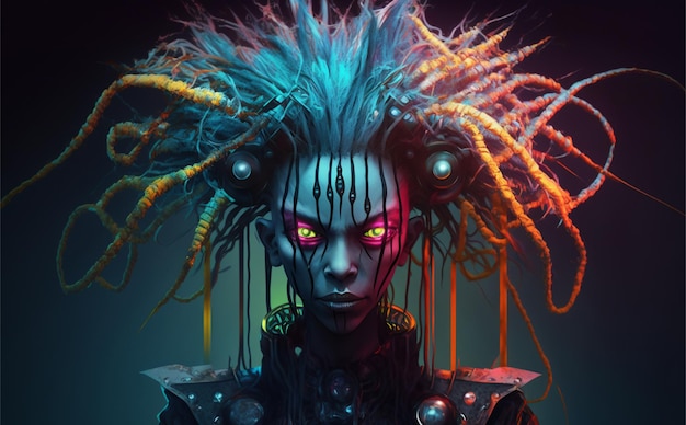 Uma mulher com dreadlocks e um olho brilhante