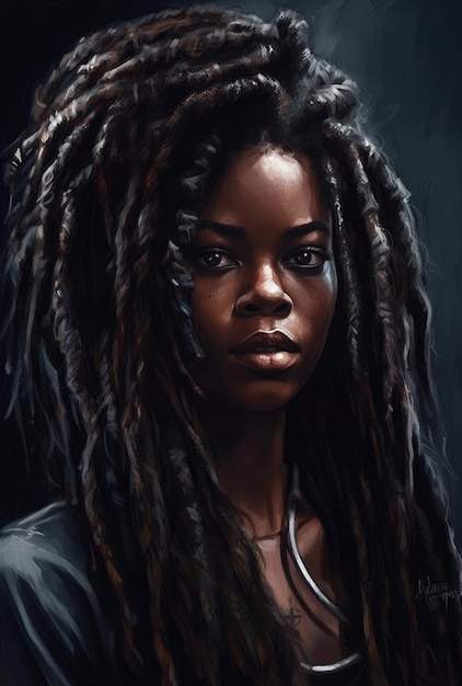 Uma mulher com dreadlocks e um vestido preto