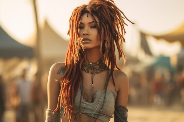 uma mulher com dreadlocks e uma tatuagem na cabeça