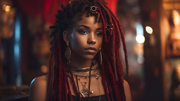 Uma mulher com dreadlocks está na frente de uma cortina vermelha.