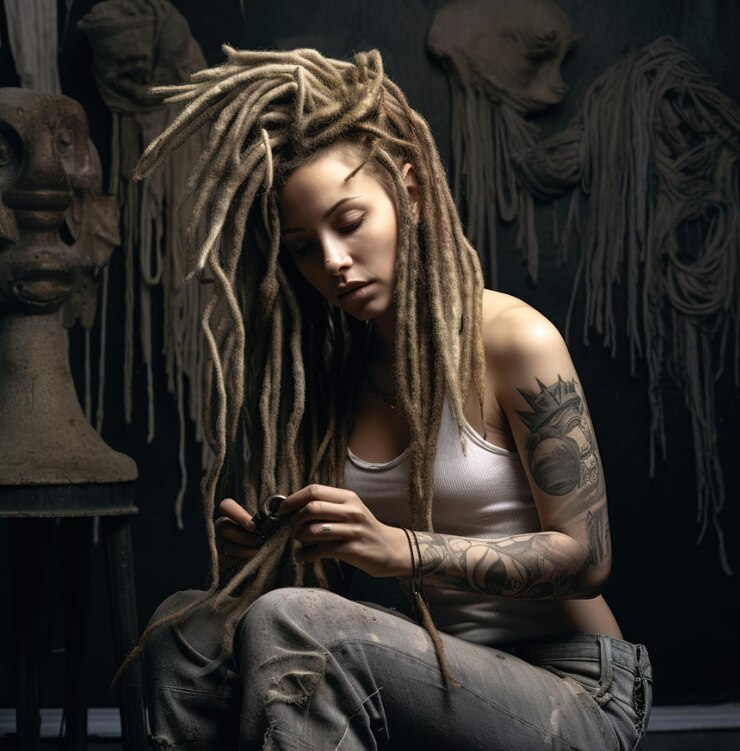 Foto uma mulher com dreadlocks está sentada em frente a um espelho.