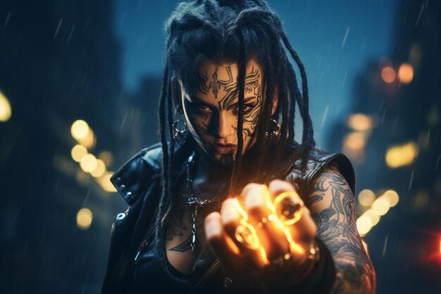 Foto uma mulher com dreadlocks segura uma tocha na chuva