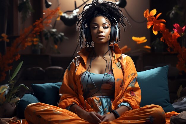 Uma mulher com dreadlocks senta em um sofá azul