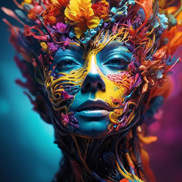 Foto uma mulher com flores coloridas no rosto