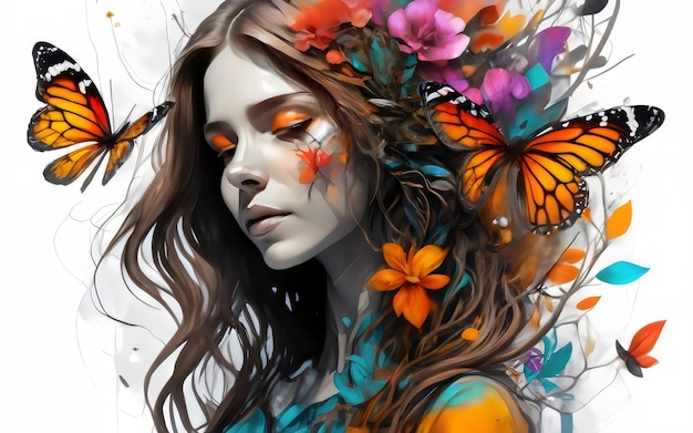 Uma mulher com flores e borboletas coloridas
