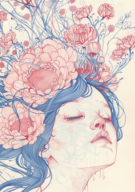 uma mulher com flores na cabeça é desenhada por uma mulher