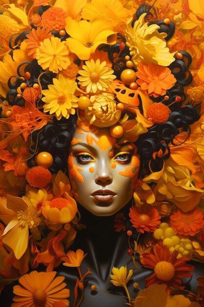 Uma mulher com flores na cabeça e no rosto