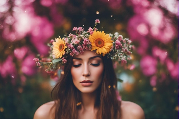 uma mulher com flores na cabeça está cercada por flores cor-de-rosa.