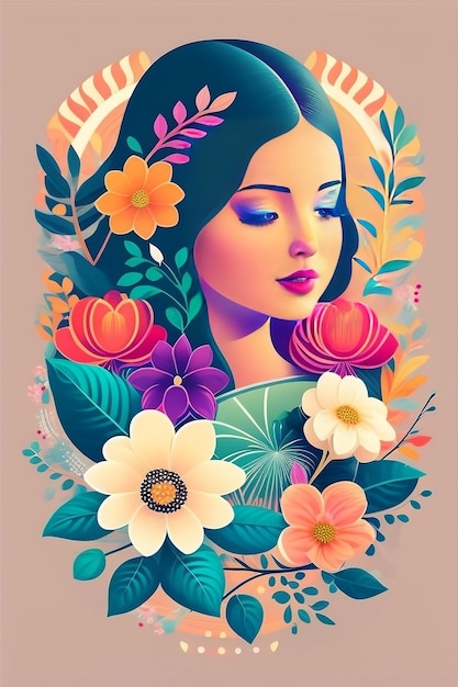 Uma mulher com flores na cabeça está rodeada de flores.