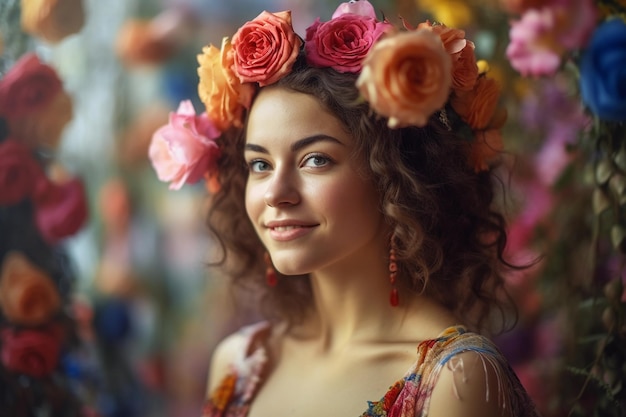 Uma mulher com flores na cabeça