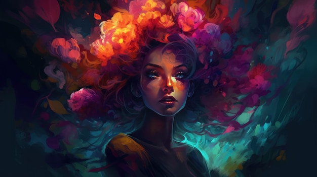 Uma mulher com flores na pintura da cabeça