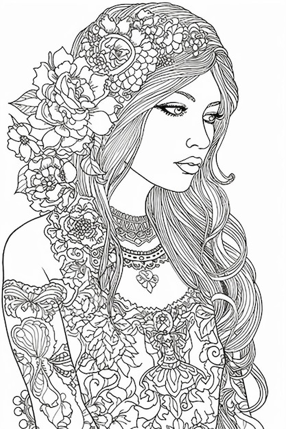 uma mulher com flores no cabelo e um colar generativo ai