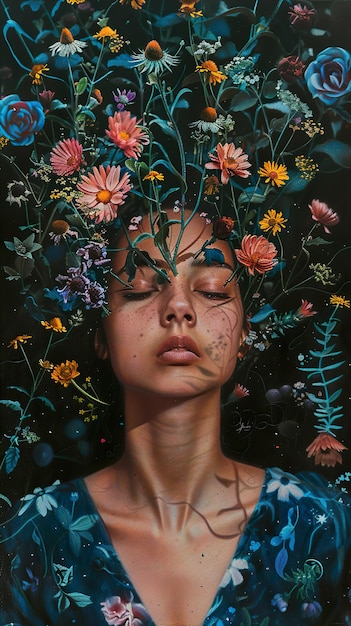 uma mulher com flores no cabelo está coberta de flores