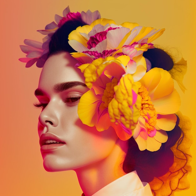 Uma mulher com flores no cabelo está usando um fundo amarelo e vermelho.