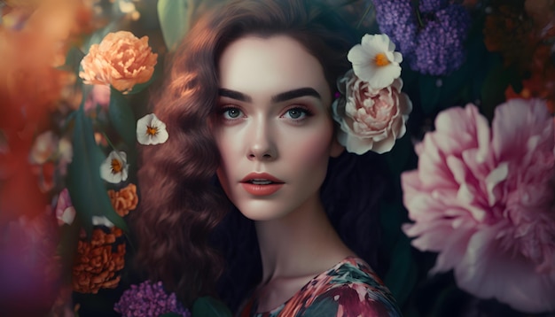 Uma mulher com flores no cabelo