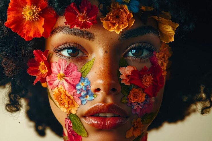 Foto uma mulher com flores no rosto e olhos azuis