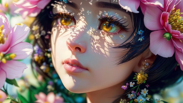 Uma mulher com flores no rosto
