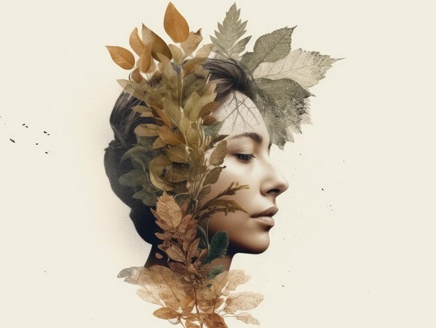 Uma mulher com folhas em volta da cabeça