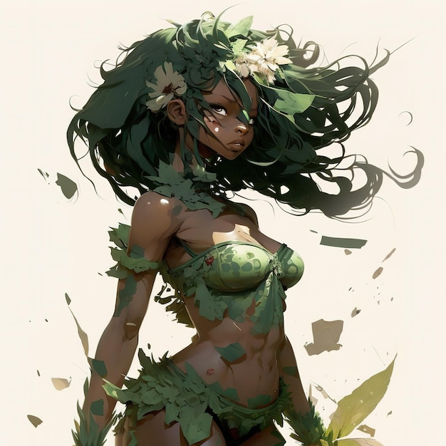 Uma mulher com folhas verdes no cabelo está parada em uma área bagunçada e bagunçada.