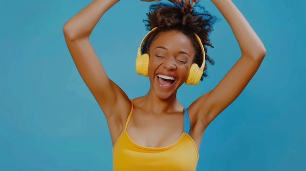 Foto uma mulher com fones de ouvido amarelos que dizem 