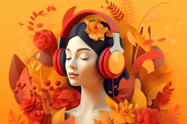 Uma mulher com fones de ouvido e um fundo de flores