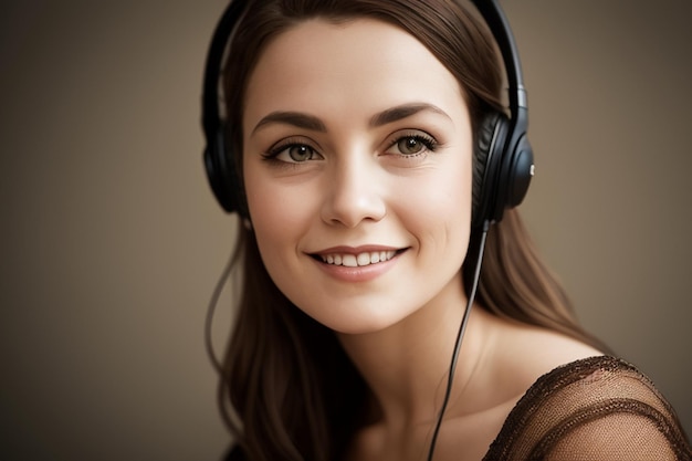 Uma mulher com fones de ouvido e um fundo marrom