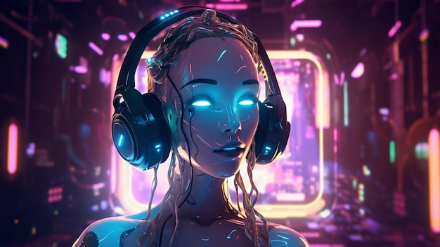 Uma mulher com fones de ouvido em frente a um letreiro de néon que diz 'cyberpunk'
