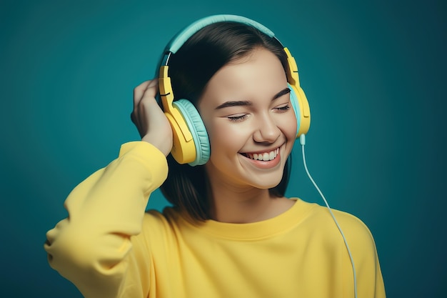 Uma mulher com fones de ouvido em um fundo azul