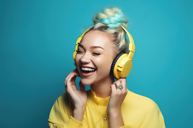 Uma mulher com fones de ouvido em um fundo azul