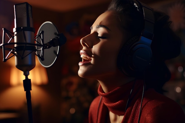 Foto uma mulher com fones de ouvido está cantando em um microfone