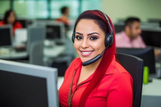 Foto uma mulher com fones de ouvido está falando em um computador.