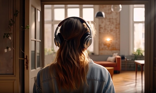 Uma mulher com fones de ouvido está ouvindo música relaxante na IA generativa da sala de estar