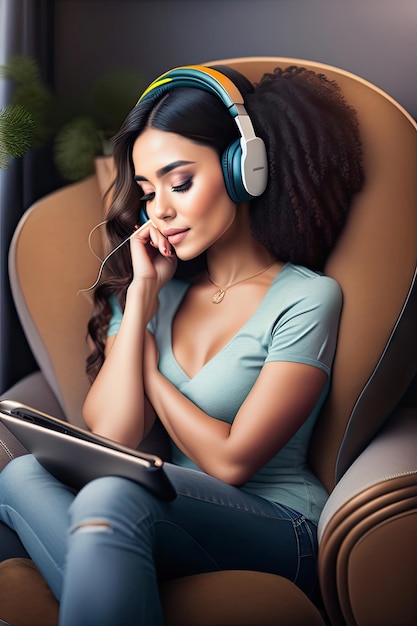 uma mulher com fones de ouvido na cabeça e as palavras "música" na tela.