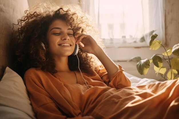 Foto uma mulher com fones de ouvido que diz que está ouvindo música