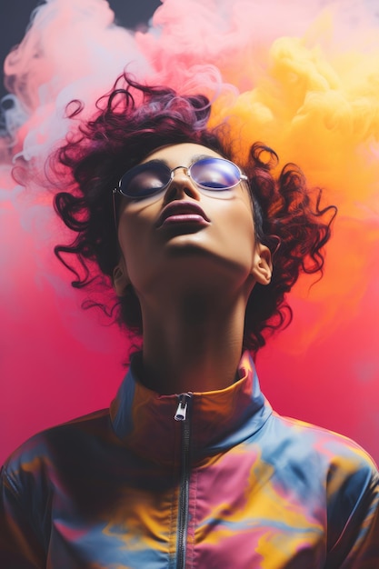 uma mulher com fumaça colorida saindo do cabelo