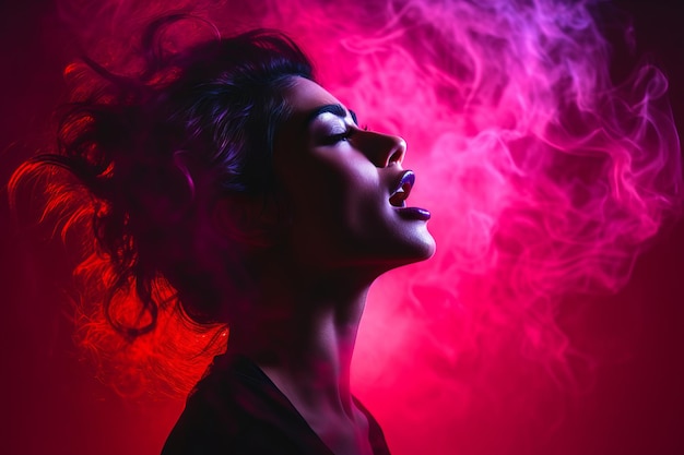 Uma mulher com fumaça saindo de sua boca