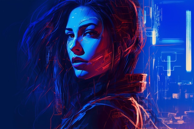 Uma mulher com fundo azul e a palavra cyberpunk embaixo.