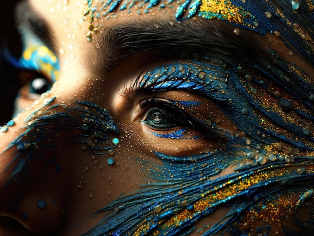 uma mulher com glitter azul e dourado no rosto.