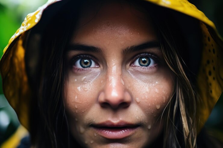 Foto uma mulher com gotas de chuva no rosto