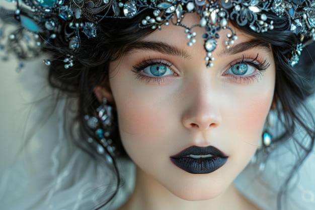 uma mulher com lábios pretos e um lábio preto está usando uma maquiagem preta com acabamento de contas de prata