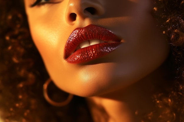 Uma mulher com lábios vermelhos e cabelos pretos.