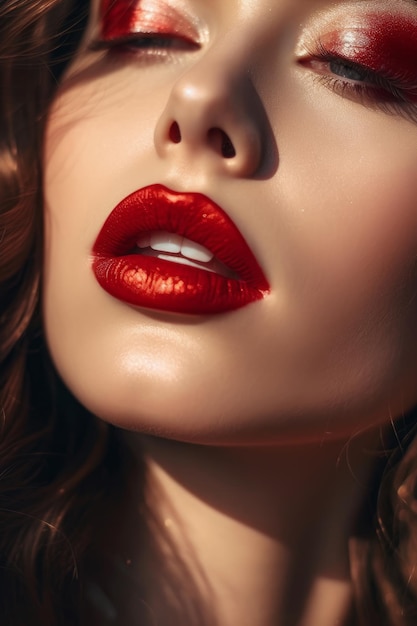 Uma mulher com lábios vermelhos e um brilho labial vermelho