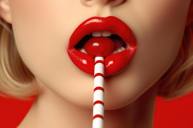 Uma mulher com lábios vermelhos e um canudo na boca