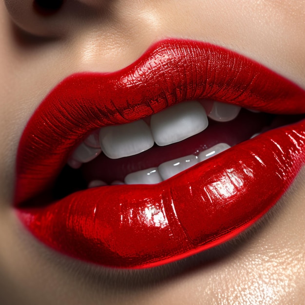 Uma mulher com lábios vermelhos e um sorriso branco cheio de dentes.