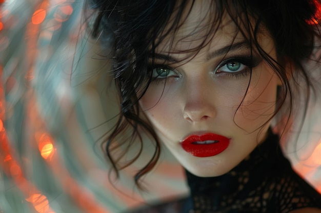 uma mulher com lábios vermelhos e um vestido preto com um batom vermelho