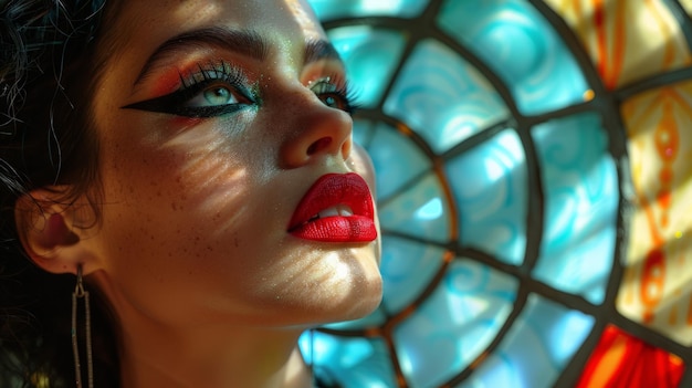 Foto uma mulher com lábios vermelhos e uma sombra de olhos azul está posando para uma foto