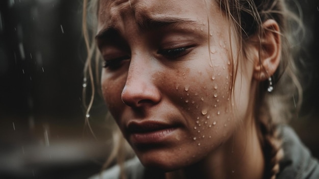 Uma mulher com lágrimas no rosto está chorando.